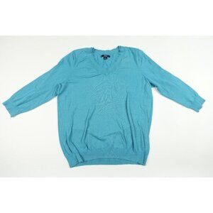 Anne‎ Klein Sport Women Cotton Blend V neck Teal Blue 3/4 Sleeve Knit Top Sz XL